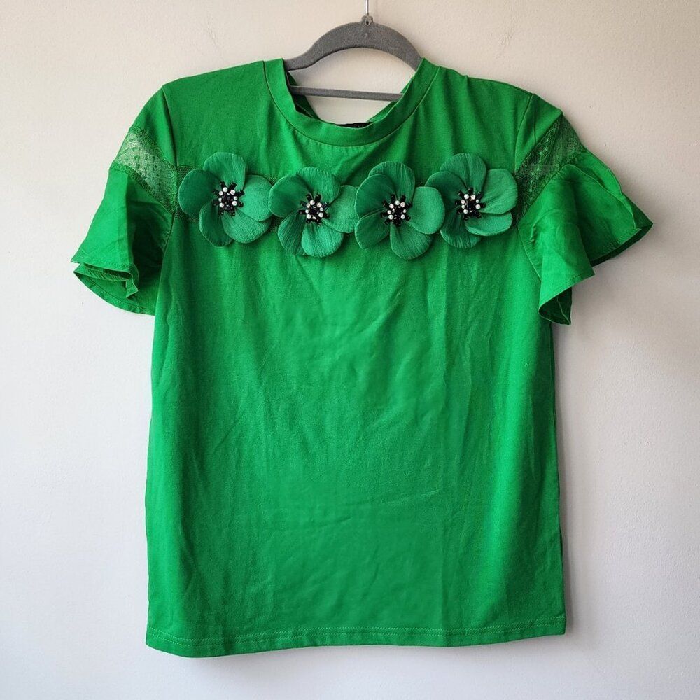 Women's Flutter Sleeve Blouse | St. Patrick's Day Green | Beaded Flowers, Small